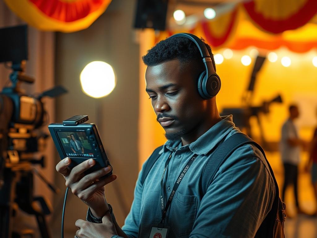 Create a realistic high-resolution image for a blog titled "Behind the Scenes: Shadows of Honor." Center the composition around a single, engaged filmmaker on set, showcasing their focused expression as they review footage on a handheld monitor. The filmmaker should be dressed in casual yet professional attire, with a visible Nollywood crew badge. 

In the background, subtly incorporate elements of a vibrant film set, including cameras, lighting equipment, and a hint of the colorful carnival scene of Calaba
