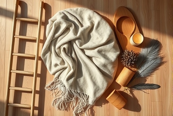 Artistic flat lay with ladder and natural materials