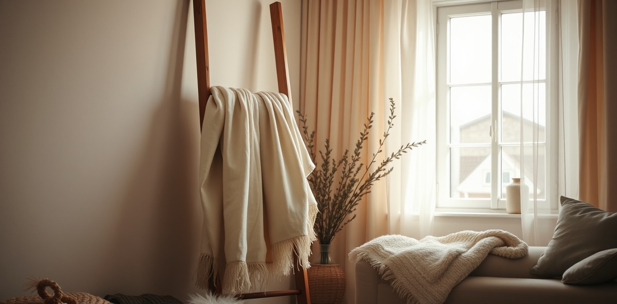 Warm living room with wooden ladder draped in blanket