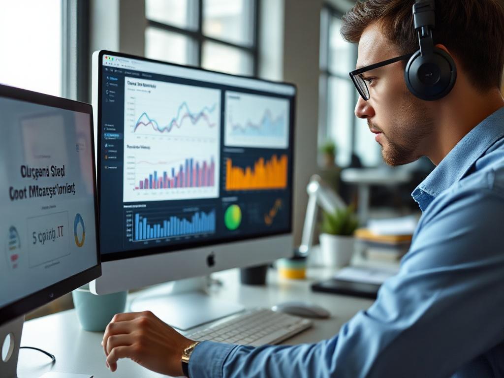 A close-up of a digital marketing expert analyzing data on a computer screen, modern office environment, showcasing graphs and AI tools.