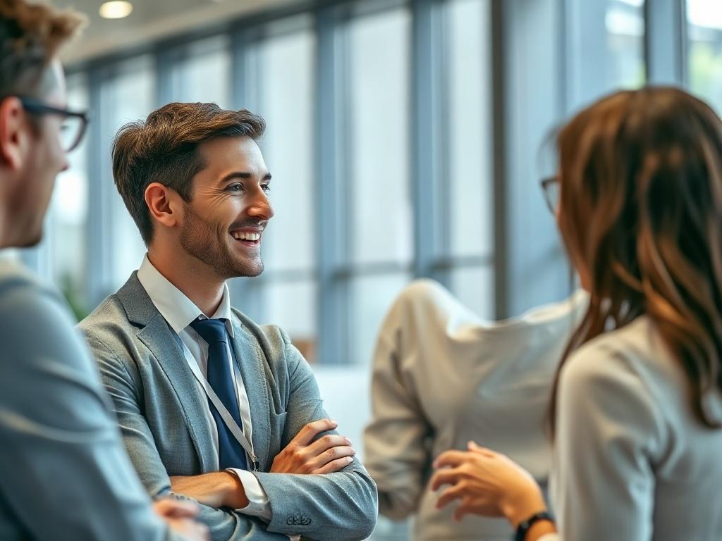 A friendly business consultant smiling and interacting with clients, modern office background, showcasing a collaborative atmosphere.