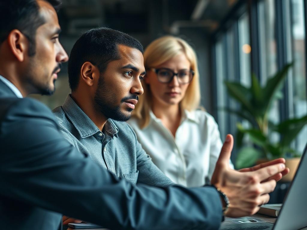 A professional setting with a business consultant discussing strategies with a small business owner, close-up shot, focus on engaged conversation, modern office background.