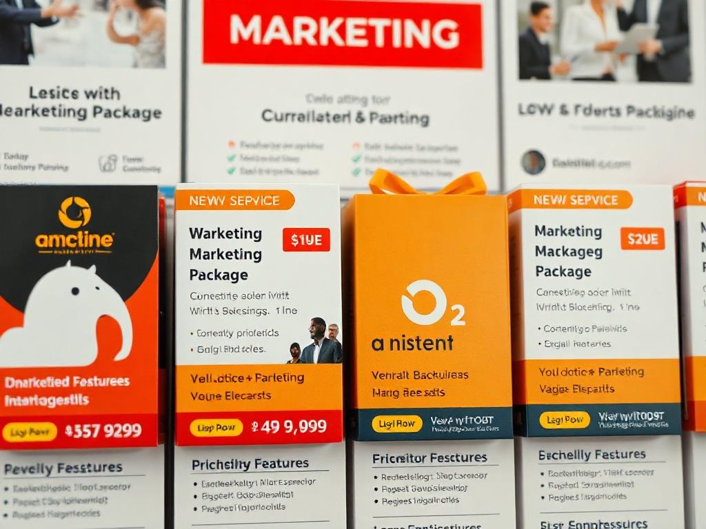 An engaging display of various marketing package options in a modern design, showcasing features and prices, visually appealing layout.