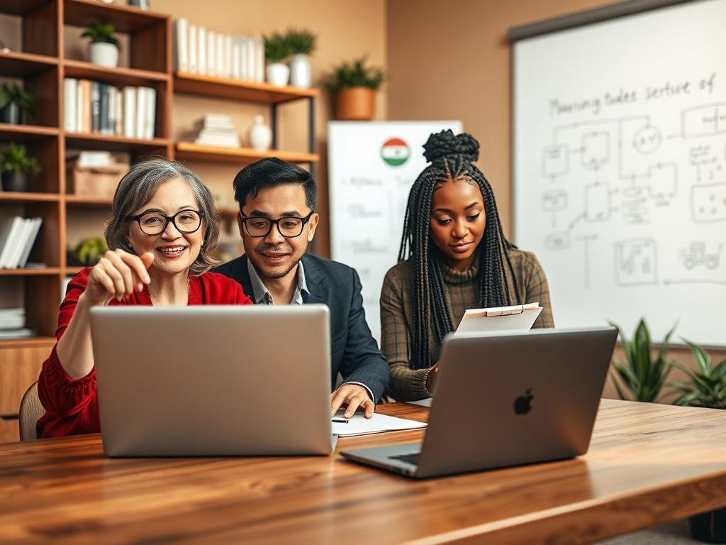 **Prompt for AI Image Generation:**

Generate a realistic high-resolution photo that captures the essence of affordable training for small businesses. The image should focus on a single subject: a diverse group of three professionals engaged in a lively training session around a wooden table. The first subject, a middle-aged woman with glasses, points at a laptop screen, showcasing an online training module. Next to her, a young Hispanic man raises his hand, eager to contribute, while a confident African Am