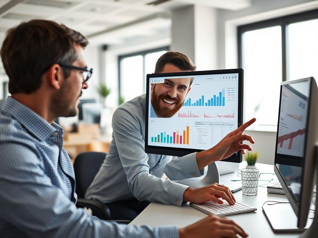 A close-up shot of a marketing consultant analyzing data on a computer screen, discussing results with a client in a bright office environment. Charts and graphs are visible, highlighting performance metrics. The scene conveys collaboration and strategic planning, shot with a 45mm f/1.2 lens.