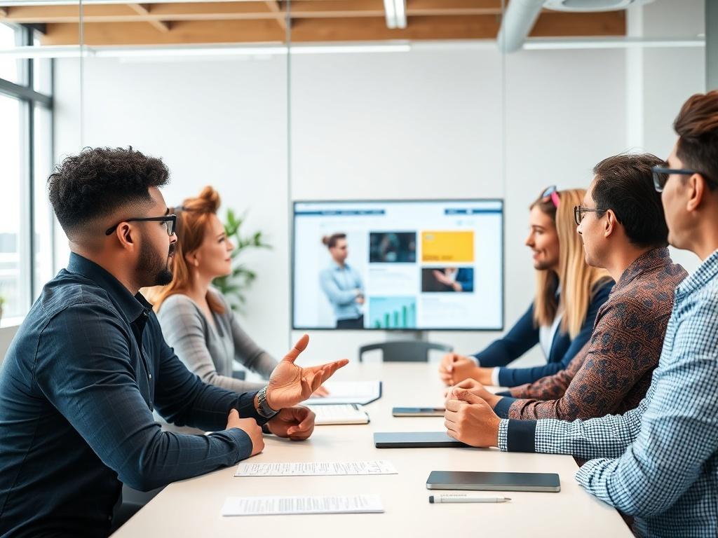 A high-resolution close-up of a training session in progress, with a diverse group of individuals engaged in learning about marketing tools. The trainer is demonstrating techniques on a screen, with expressions of focus and interest. The setting is modern and bright, highlighting collaboration and knowledge-sharing, shot with a 45mm f/1.2 lens.