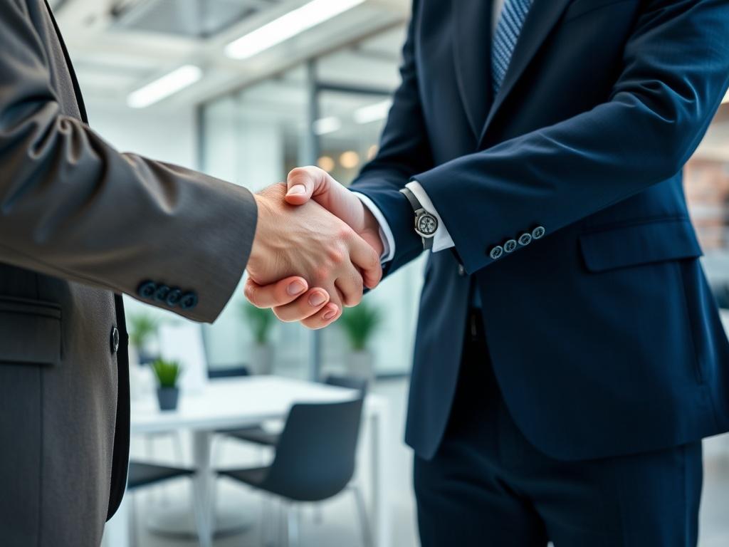A close-up shot of a person shaking hands with a marketing consultant in a bright office environment, capturing the warmth of the initial consultation. The background is a modern office space with subtle branding elements, focusing on professionalism and approachability, shot with a 45mm f/1.2 lens.