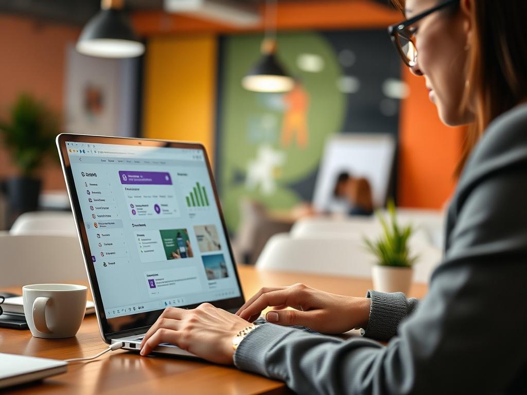 A close-up of a business professional working on a laptop, implementing marketing strategies in a vibrant office setting. The screen displays software tools being utilized for email automation and social media management. The atmosphere is focused and productive, shot with a 45mm f/1.2 lens.
