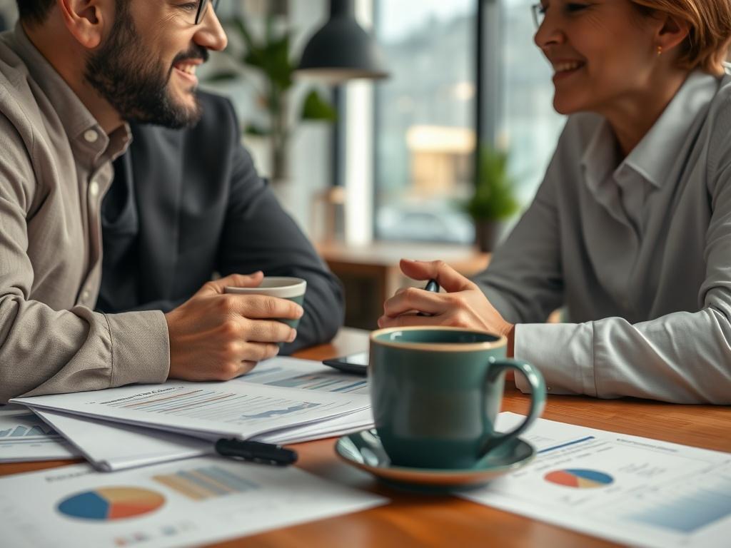 A close-up of a business owner discussing strategies with an expert over coffee, surrounded by reports and charts on a table. The atmosphere is friendly and collaborative, emphasizing teamwork and support.