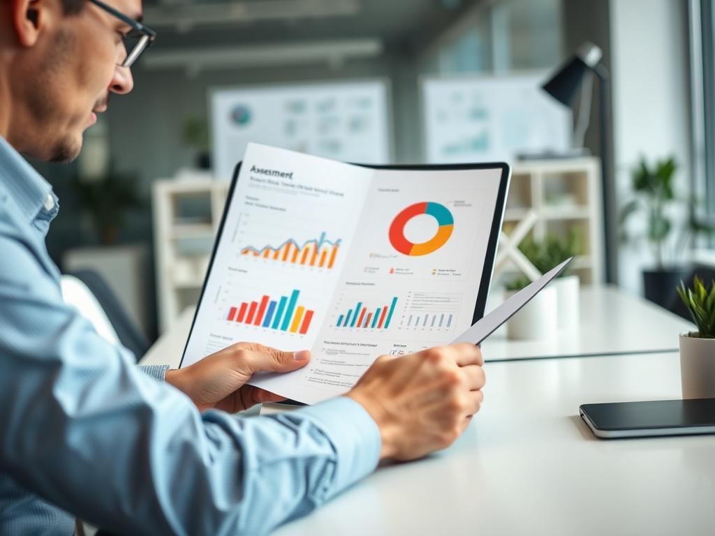 A close-up shot of a business professional analyzing a report, highlighting graphs and statistics. The setting is bright and modern, with a clean desk and a laptop open, displaying a colorful assessment report. The background features elements of a well-organized office, emphasizing professionalism and clarity.