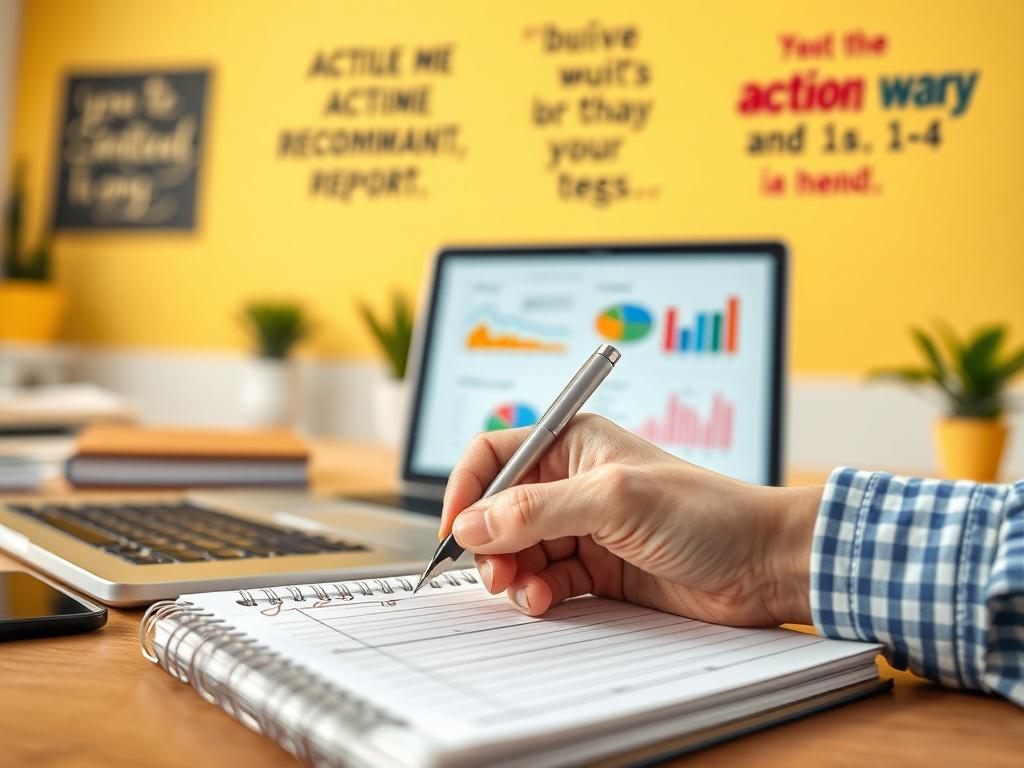 A close-up image of a hand writing actionable recommendations on a notepad, with a laptop showing a colorful report in the background. The setting is a bright workspace with motivational quotes on the wall, symbolizing inspiration and forward movement.