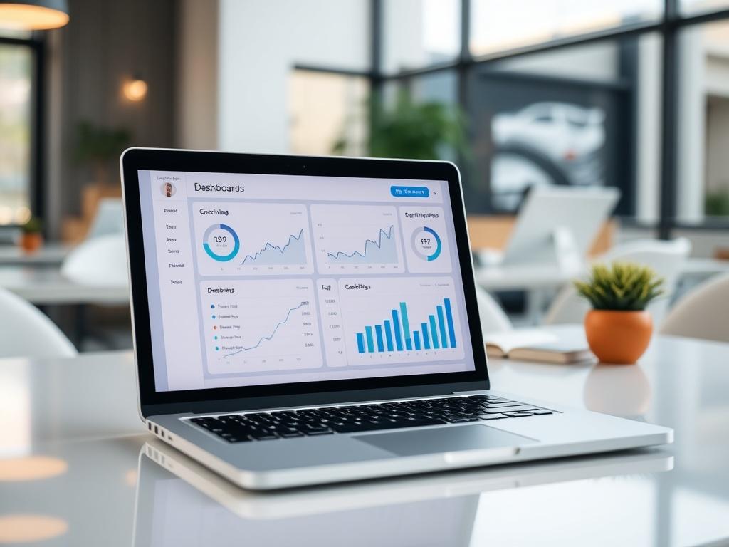 A close-up shot of a laptop displaying a simple dashboard with graphs and charts, symbolizing business growth. The background is a clean, modern workspace with soft natural lighting, capturing a professional and inviting atmosphere. The image focuses on the laptop as the main subject, with no text or abstract shapes.