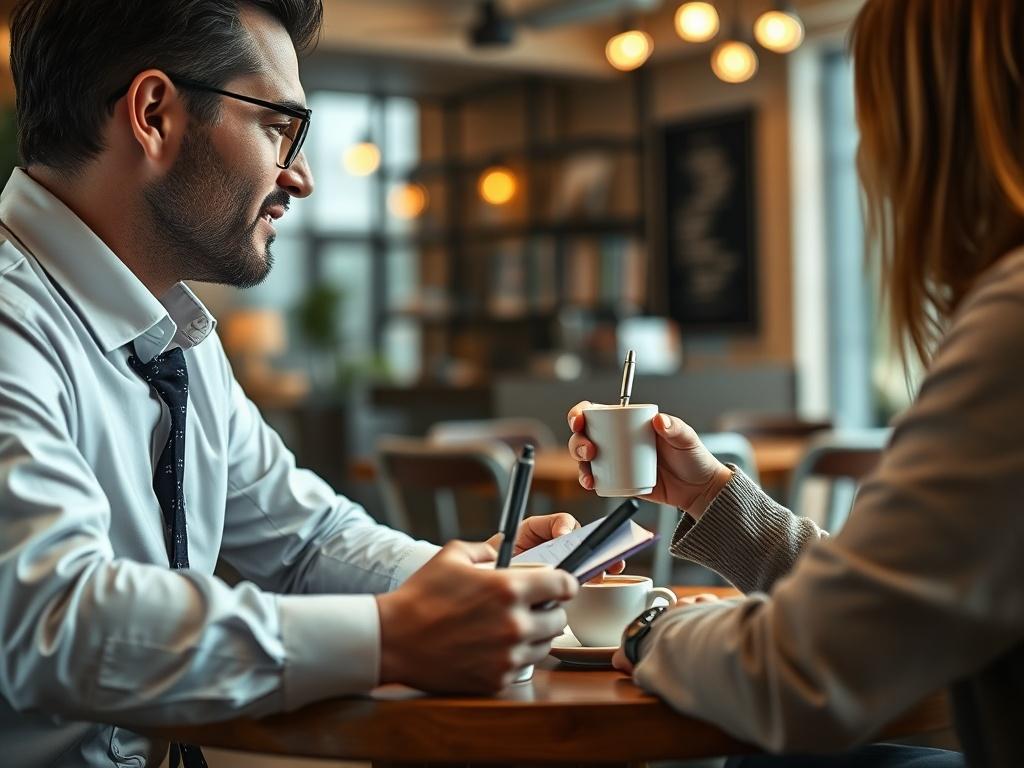 A close-up shot of a business consultant discussing with a client over coffee, with a notepad and pen in hand. The background features a cozy coffee shop atmosphere, symbolizing collaboration and support. The image focuses on the interaction between the consultant and the client, emphasizing personalized assistance.