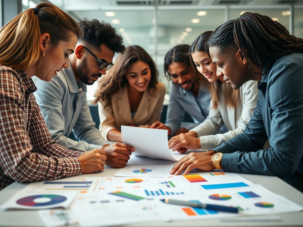 A close-up shot of a diverse team collaborating over a project, with colorful charts and notes scattered across the table. The background shows a bright and dynamic office environment, representing teamwork and innovation. The image illustrates the collaborative aspect of business growth and strategy development.