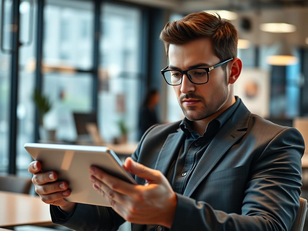 A close-up shot of a confident business professional working on a tablet, analyzing marketing data and strategies. The background features a blurred office setting with bright colors, conveying a sense of professionalism and focus. The tablet is the focal point, highlighting the importance of technology in business growth.