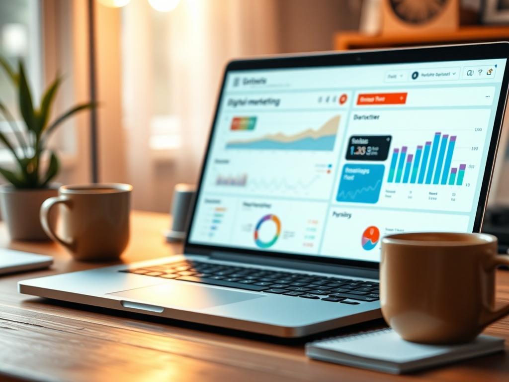A close-up shot of a laptop displaying a vibrant, user-friendly digital marketing dashboard, set on a wooden desk. The background is softly blurred to emphasize the laptop. Incorporate elements of a cozy workspace, like a coffee mug and a notepad, with a warm ambient light to create an inviting atmosphere. The color scheme should align with the rgb(226, 1, 1) primary color.