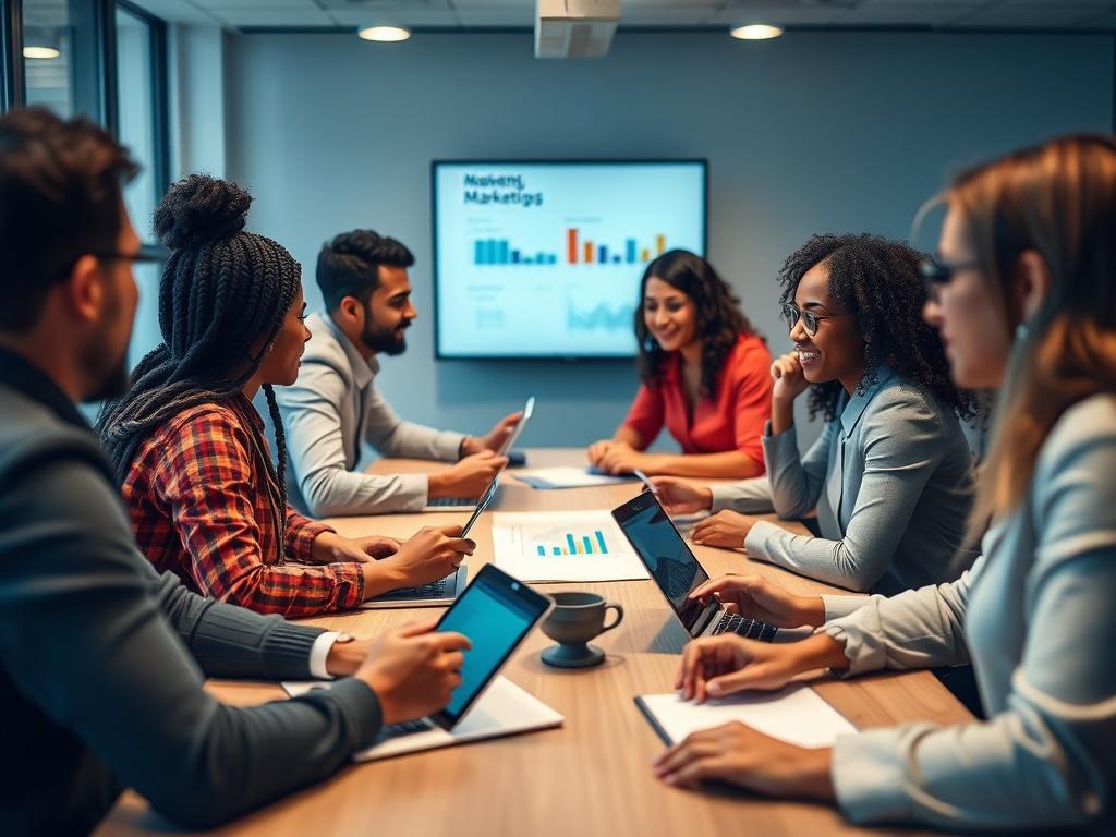 A close-up shot of a vibrant team meeting in progress, with diverse individuals discussing marketing strategies around a conference table. The background should softly blur to focus on the engaged team. Include modern digital tools like tablets and laptops showcasing marketing analytics. The primary color rgb(226, 1, 1) should be subtly incorporated into the meeting materials, creating a dynamic and professional setting.