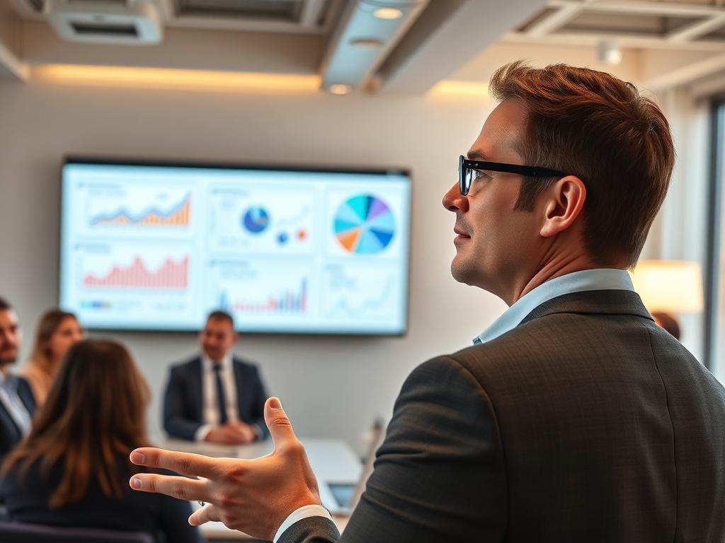A close-up shot of a confident business leader presenting a marketing strategy to an engaged audience. The setting is a modern office with digital screens displaying analytics and marketing metrics. The atmosphere is inspiring and professional, with soft lighting enhancing the focus on the presenter. Incorporate elements of the rgb(226, 1, 1) color scheme in the presentation materials for a cohesive look.