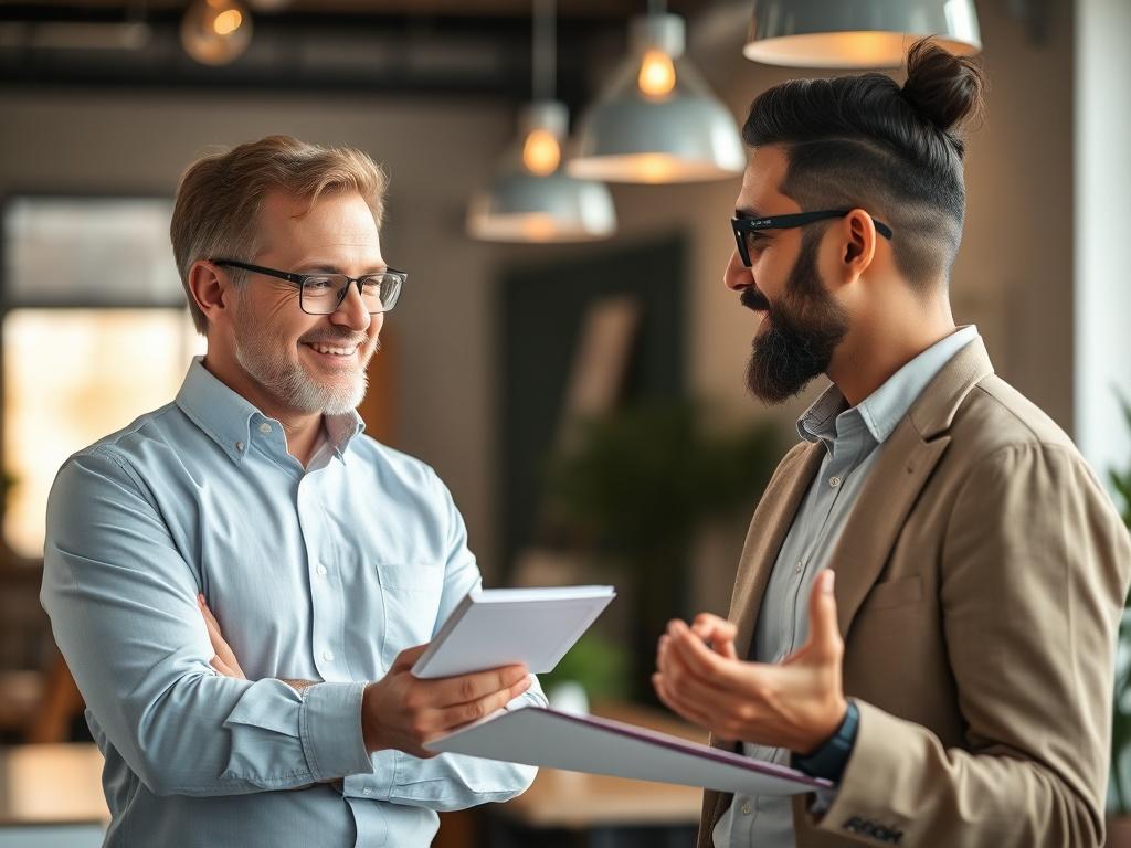 A hyper-realistic close-up photo of a friendly business consultant engaged in a conversation with a small business owner in a modern office setting. The consultant is taking notes while the owner gestures, indicating enthusiasm. The background is softly blurred, showcasing a bright and inviting workspace, with warm lighting that creates an engaging atmosphere.