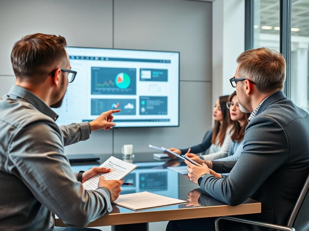 A hyper-realistic close-up photo of a small business team participating in a training session, with a knowledgeable instructor demonstrating a software tool on a large screen. The team is engaged and taking notes, with a collaborative atmosphere evident in the modern conference room.