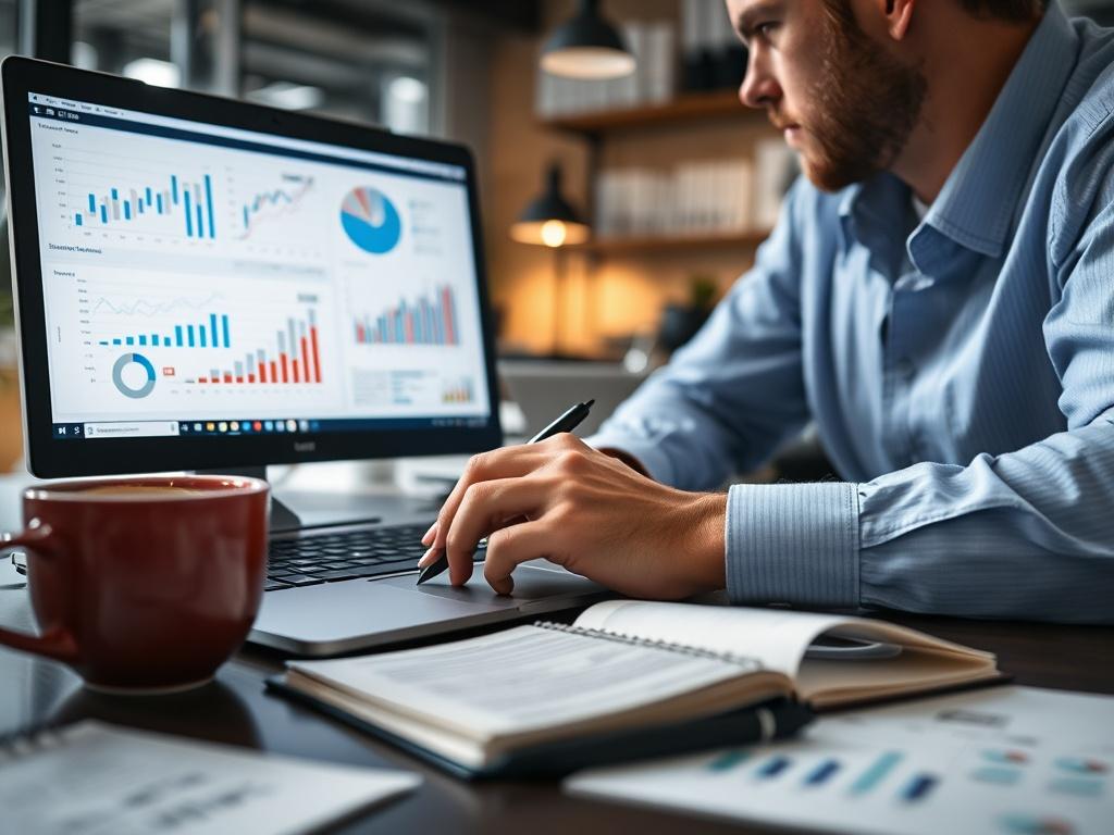 A hyper-realistic close-up photo of a marketing strategist analyzing data charts and graphs on a laptop screen while brainstorming ideas with a pen and notebook in hand. The setting is a modern office equipped with marketing materials and a cup of coffee, creating an atmosphere of focus and creativity.