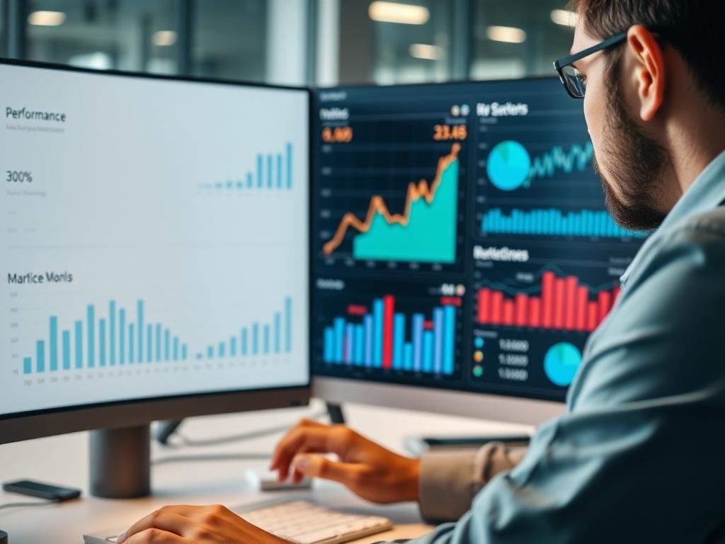 A hyper-realistic close-up photo of a marketing analyst examining performance metrics on a computer screen, with graphs and charts displayed prominently. The setting is a modern office, highlighting a focused and analytical approach to marketing success.
