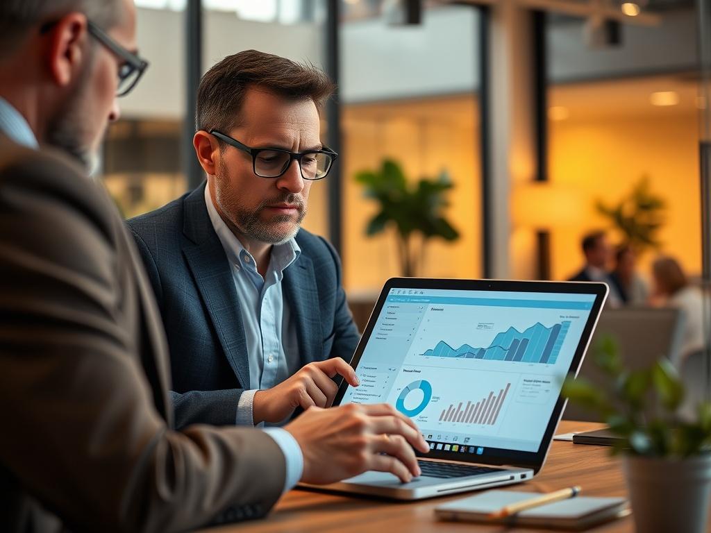 A high-resolution close-up shot of a professional consultant engaging with a business owner in a modern office setting. The consultant is showing a digital marketing strategy on a laptop, with charts and graphs visible on the screen. The background is softly blurred to emphasize the interaction, and the color scheme includes the primary color rgb(226, 1, 1). The lighting is warm and inviting, creating a productive atmosphere.