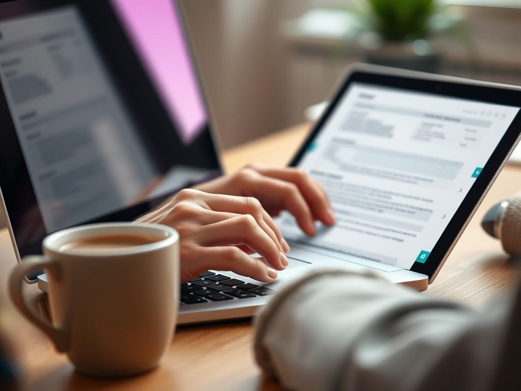 A close-up shot of a person filling out a digital form on a laptop, with a coffee cup beside them. The background is softly blurred, conveying a cozy workspace atmosphere. The image should focus on the hands typing on the keyboard, capturing the essence of engaging with technology.