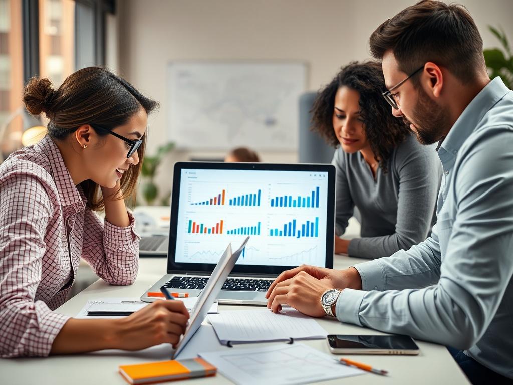 A close-up shot of a team of marketing professionals collaborating over a laptop, analyzing data charts and graphs. The workspace is bright and organized, with notes and digital devices around. The focus is on the screen displaying analytical data, emphasizing teamwork and strategy.