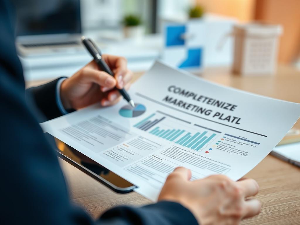 A close-up shot of a person reviewing a comprehensive marketing plan document, with a digital tablet and a pen in hand. The background should be a well-organized office setting, emphasizing clarity and focus on the plan's details.