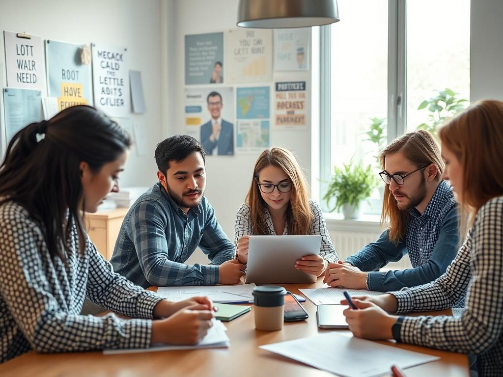 A close up shot of a collaborative team meeting, with