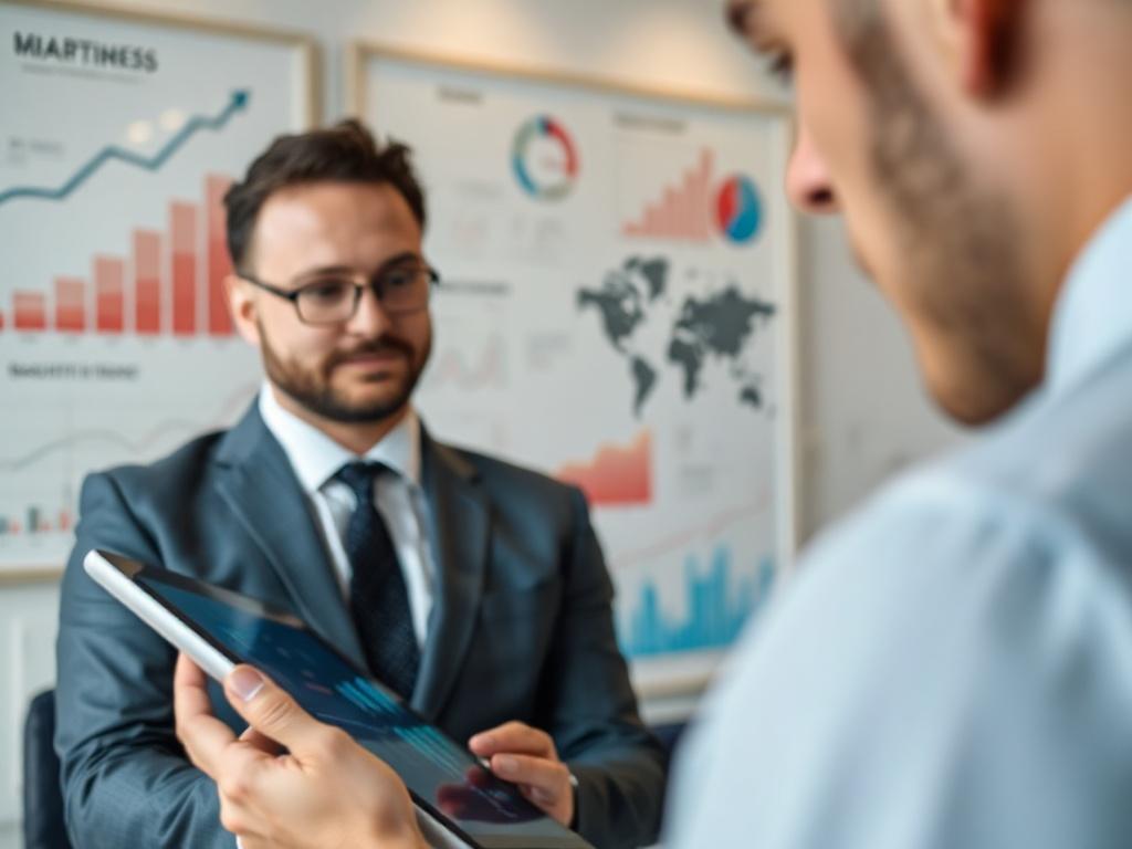 A hyper-realistic close-up of a business professional analyzing growth metrics on a tablet. The background features a modern office setting with charts and growth graphs on a whiteboard. The focus is on the tablet screen, showcasing various business growth statistics.