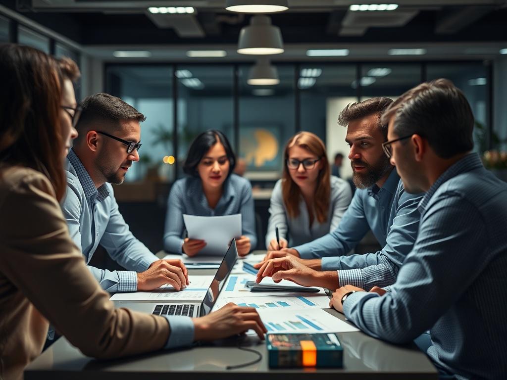 A close-up view of a marketing team engaged in discussion around a table with charts and laptops, capturing a dynamic atmosphere of teamwork and strategy. The background should subtly reflect an office environment, with hints of the rgb(226, 1, 1) color in the decor.