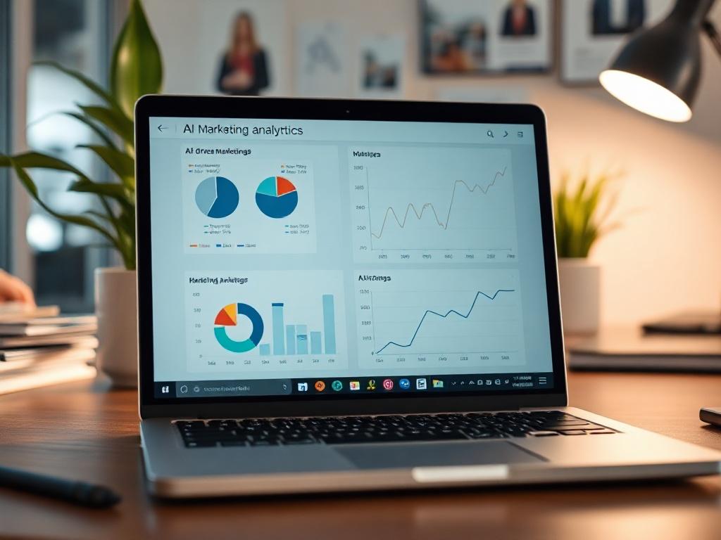 A close-up shot of a modern office workspace with a laptop displaying AI marketing analytics. The background features a clean and organized desk with marketing materials and a potted plant. The image should be hyper-realistic, focusing on the details of the laptop screen, emphasizing AI-driven marketing data.