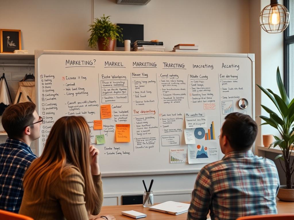 A close-up photo of a whiteboard filled with marketing strategies and notes, displaying a brainstorming session in progress. The background should feature a creative office space with elements of collaboration and innovation, while emphasizing the rgb(226, 1, 1) primary color in decor elements.