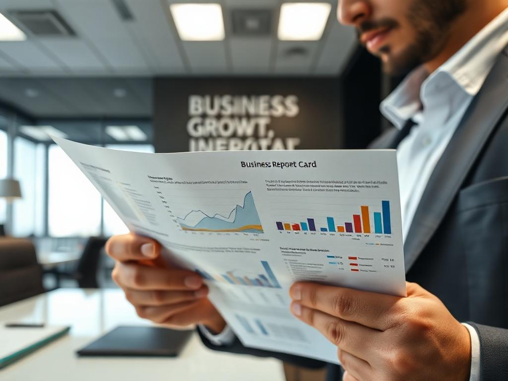 A close-up shot of a professional reviewing a Business Growth Report Card with graphs and insights. The background features a sleek office environment with motivational quotes on the wall. The focus is on the report card, highlighting its detailed analysis.