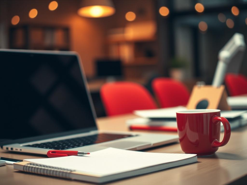 A close-up shot of a laptop on a desk with a notebook and a coffee cup, indicating a workspace setup for content marketing. The background should be a blurred office environment with warm lighting, showcasing a focus on productivity and organization. The color scheme should incorporate shades of red, aligning with the rgb(226, 1, 1) primary color.