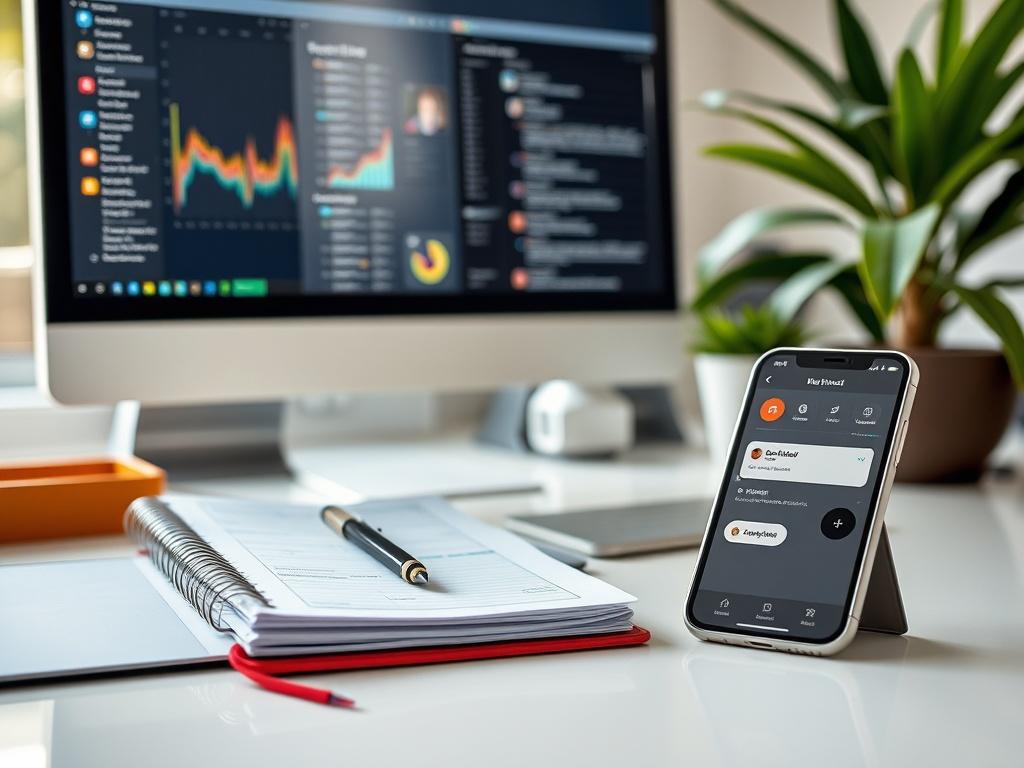 A close up shot of a modern workspace featuring a