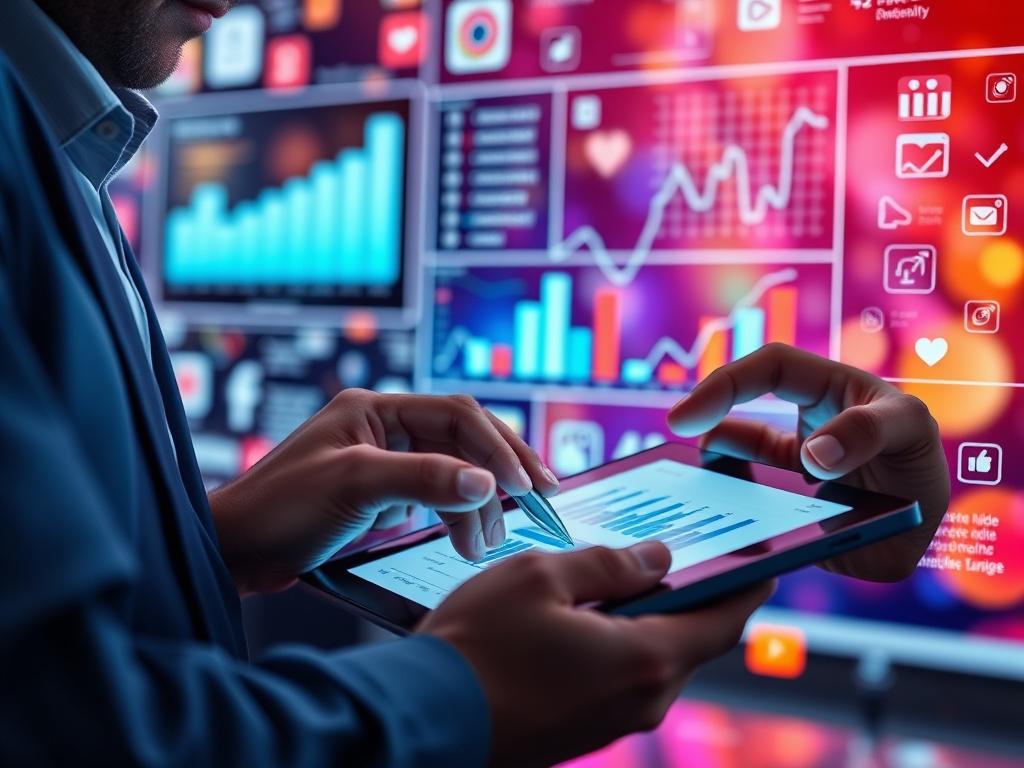 A close up shot of a social media manager analyzing