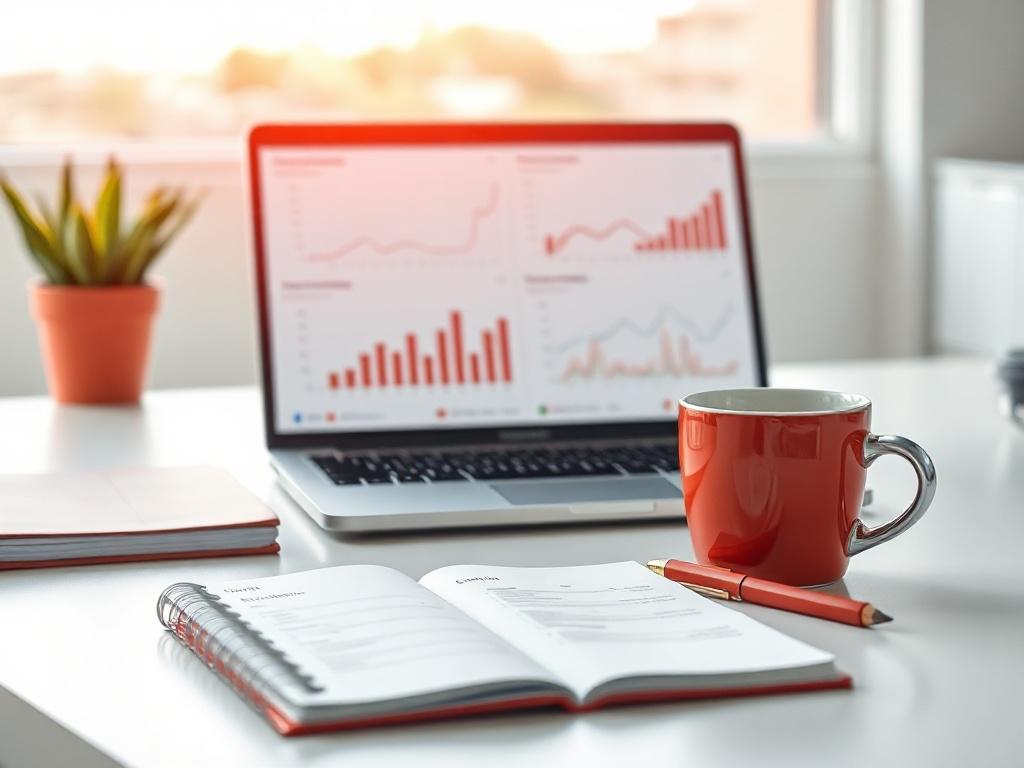 A close-up shot of a modern workspace featuring a laptop displaying marketing analytics, a notebook with business strategies, and a coffee cup, set against a bright, minimalistic background, highlighting productivity and professionalism. The color theme should incorporate shades of red, aligning with the brand's identity.