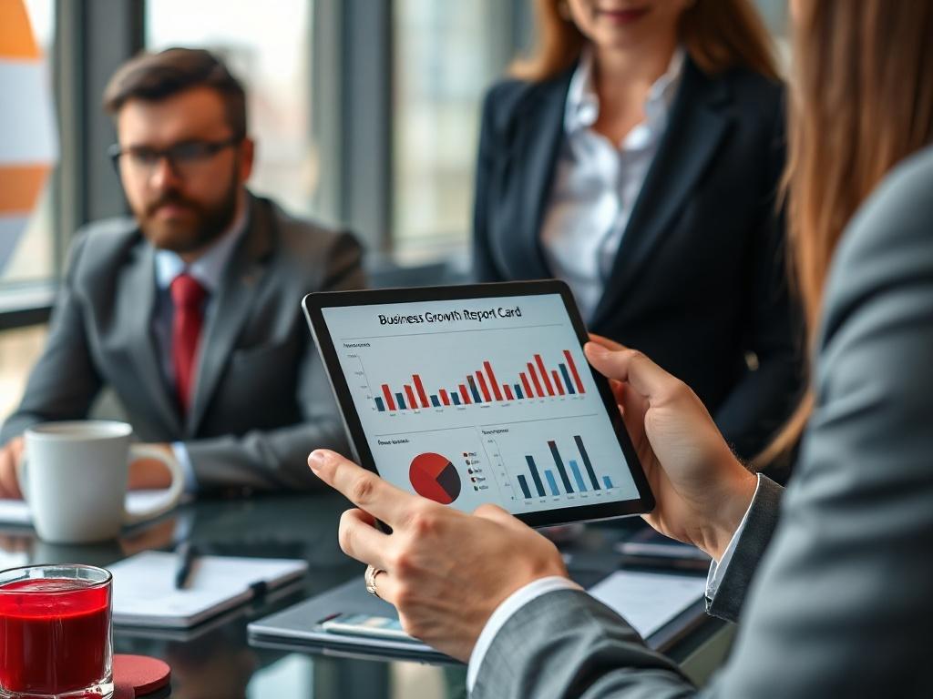 A close-up shot of a professional review meeting, showcasing a business consultant presenting a Business Growth Report Card on a tablet, with charts and graphs visible. The setting should be sleek and modern, with a focus on productivity, incorporating red details to align with brand colors.