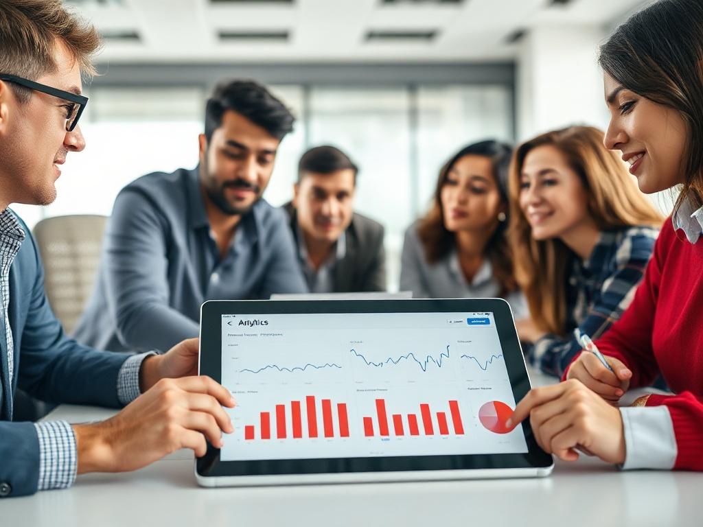 A close-up shot of a collaborative team meeting in a modern office environment, featuring diverse professionals discussing marketing strategies, with a digital tablet showcasing analytics in the foreground. The background should be bright and minimalistic, emphasizing teamwork and innovation, with touches of red to match the brand.