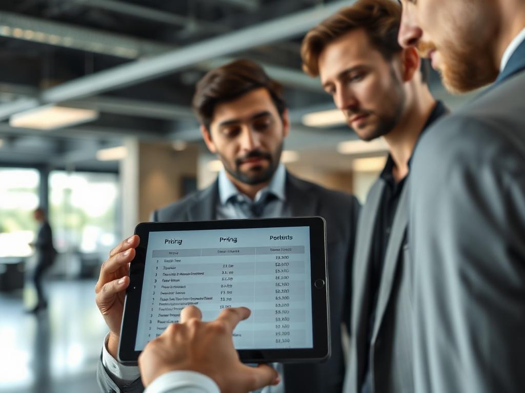 A close-up shot of a pricing table displayed on a tablet, with a professional discussing options with a client, surrounded by a modern office environment.