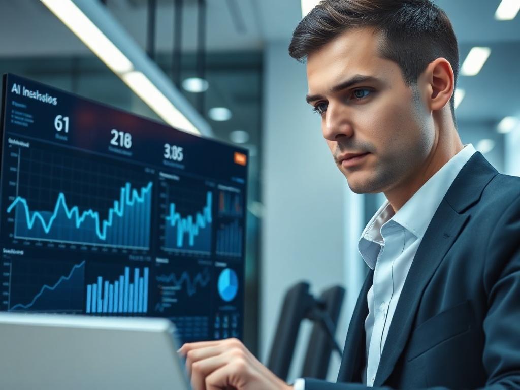 A close-up shot of a professional looking at a digital dashboard, showcasing AI analytics and insights, in a contemporary office space.