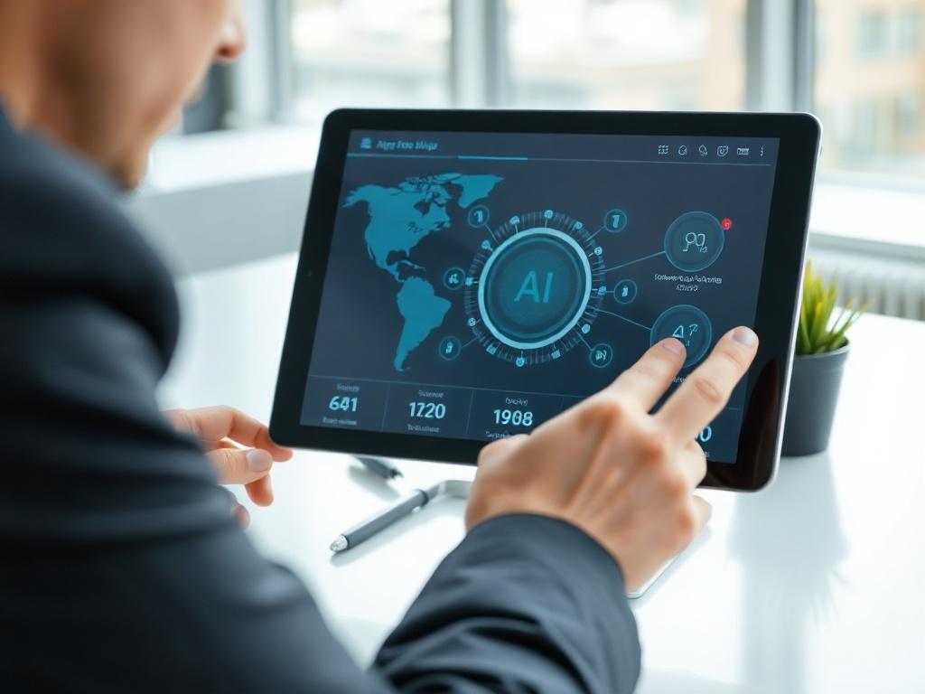 A close-up shot of a sleek modern device displaying an AI interface, with a business professional engaging with it, set against a clean and bright workspace.