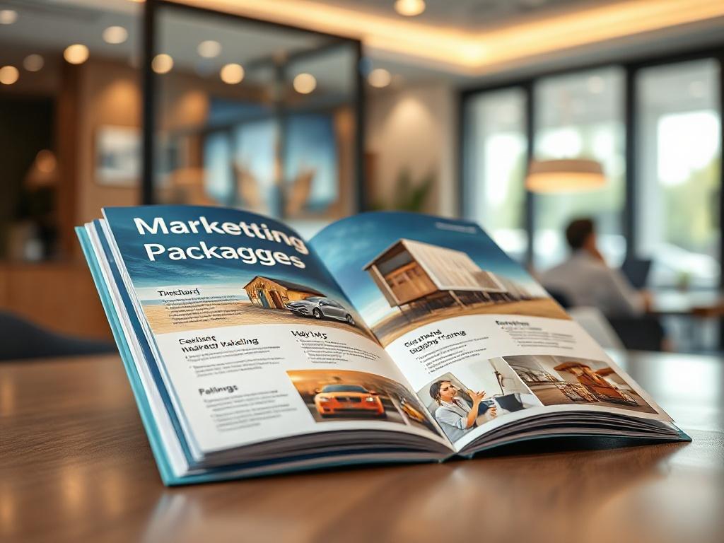 A close-up of a visually appealing brochure displaying various marketing packages, set against a stylish office backdrop with soft lighting.
