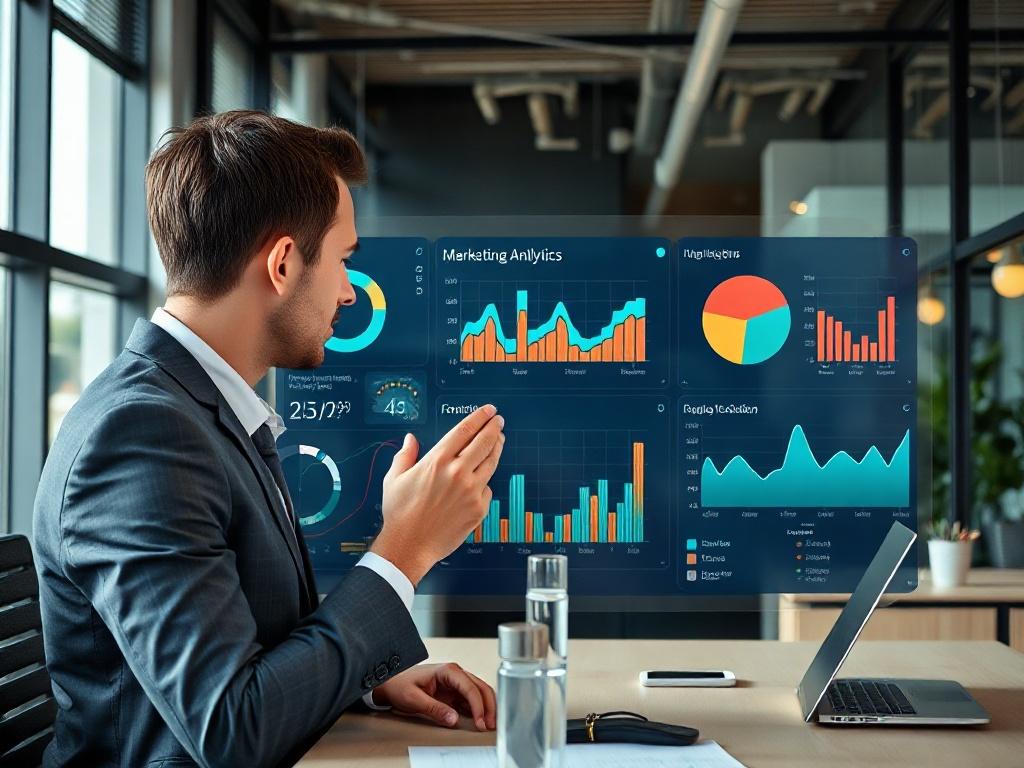 A hyper-realistic image of an AI interface displaying marketing analytics, with a business professional interacting with the screen, set in a contemporary office.