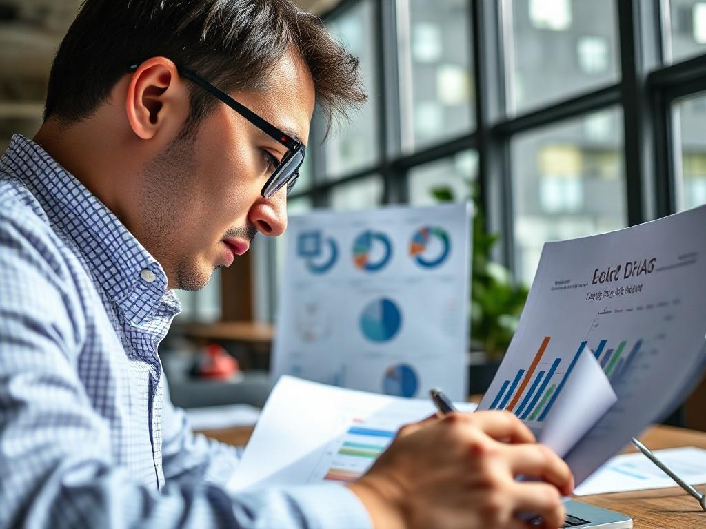 A close-up shot of a business professional analyzing charts and graphs, showcasing a modern office environment with natural light, emphasizing clarity and focus on data.