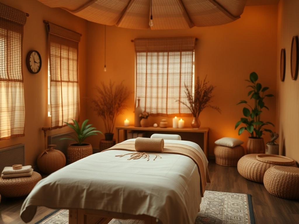 A hyper-realistic close-up shot of a holistic therapy room, featuring warm colors and natural decor elements. The room should include a massage table and soft lighting, creating a soothing atmosphere. The composition should emphasize the calming environment, with the background gently blurred to draw attention to the room's cozy features. Shot with a 45mm f/1.2 lens, capturing the inviting essence of the space.