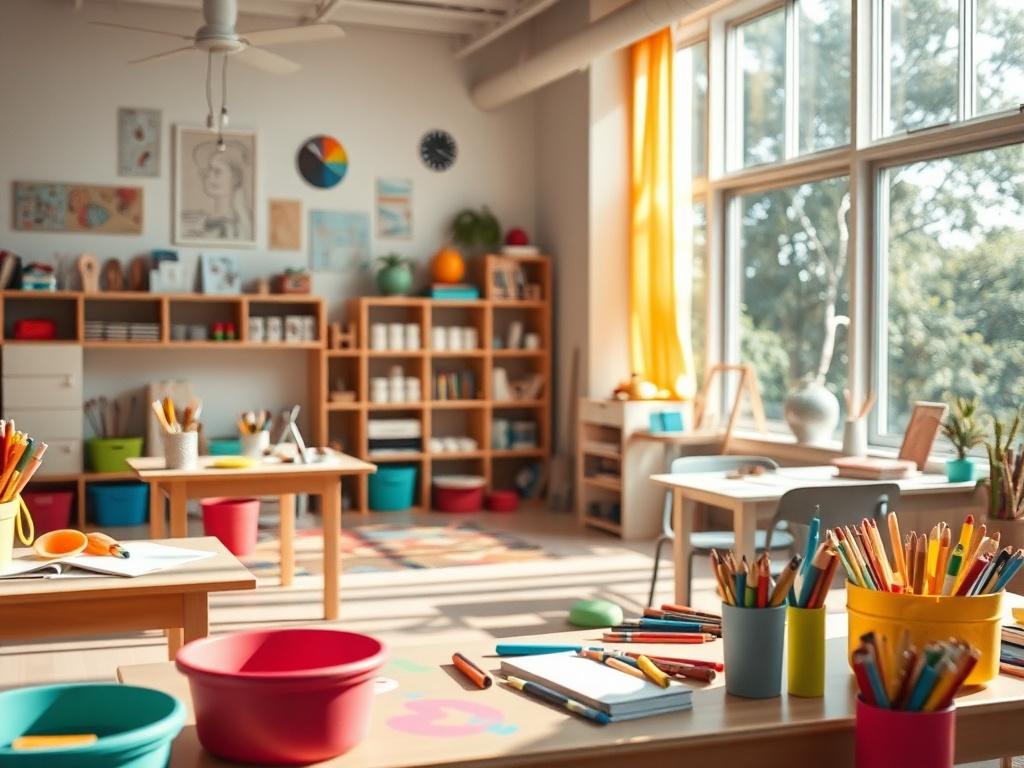 A hyper-realistic close-up shot of a creative therapy room, filled with colorful art supplies and spacious work areas. The room should feature bright, inspiring colors and natural light streaming through large windows. The focus should be on the interactive elements, with the background slightly out of focus to highlight the room's inviting nature. Shot with a 45mm f/1.2 lens, capturing the lively atmosphere.